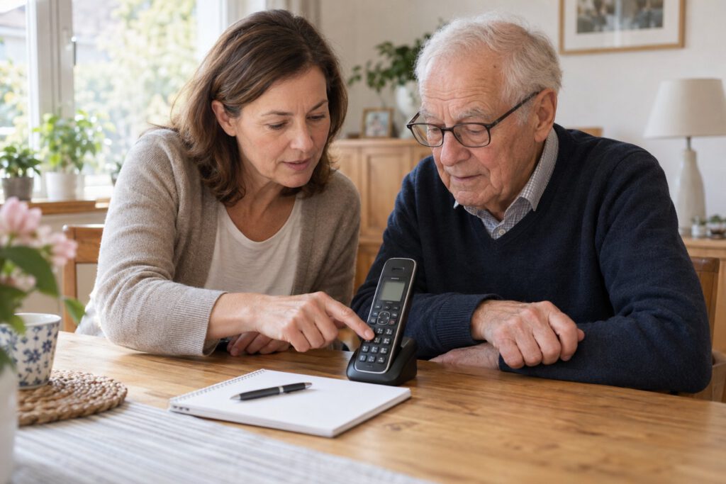 Senior und Angehörige schauen sich gemeinsam die Bedienung eines Telefons an