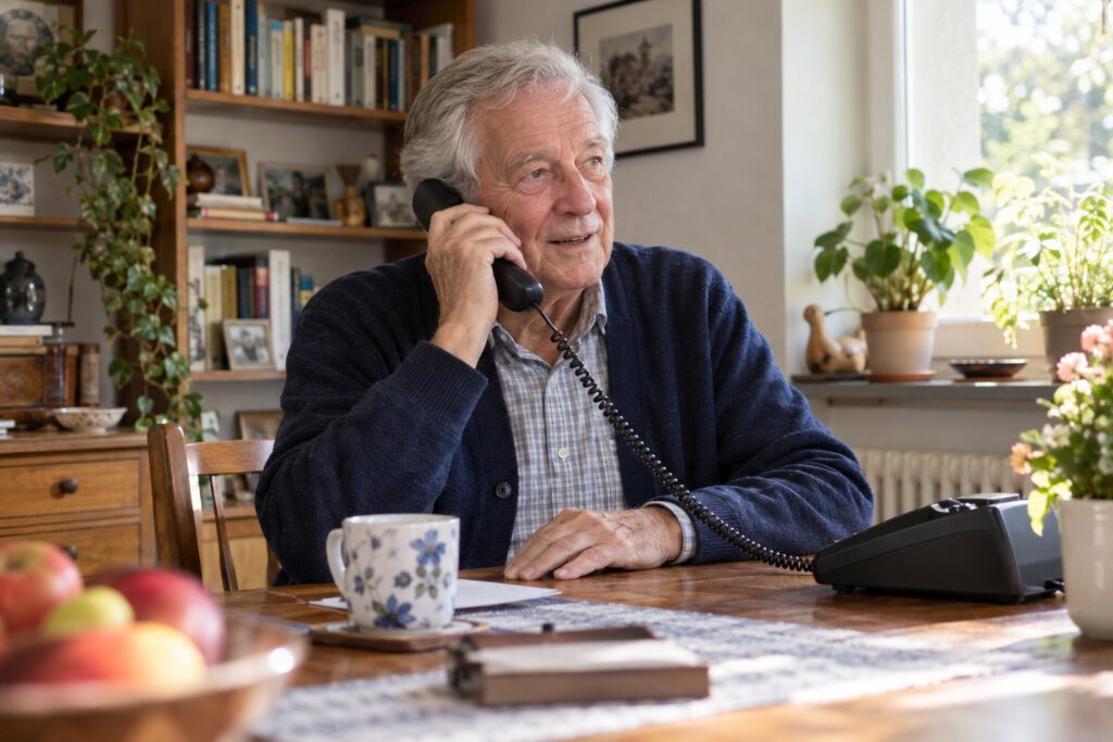 Senior führt zu Hause ein Gespräch mit einem Telefonhörer