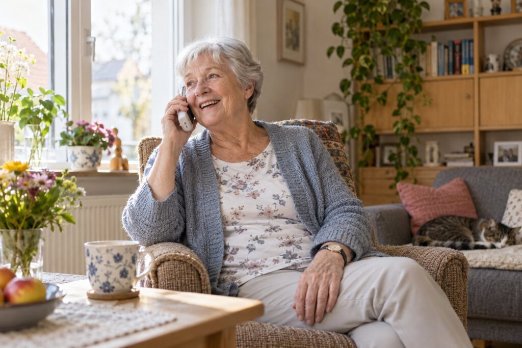 Seniorin telefoniert entspannt in ihrem Wohnzimmer