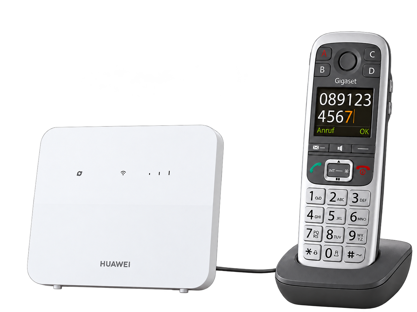 Weiße Telefonbox mit einem angeschlossenen schnurlosen analogen Telefon