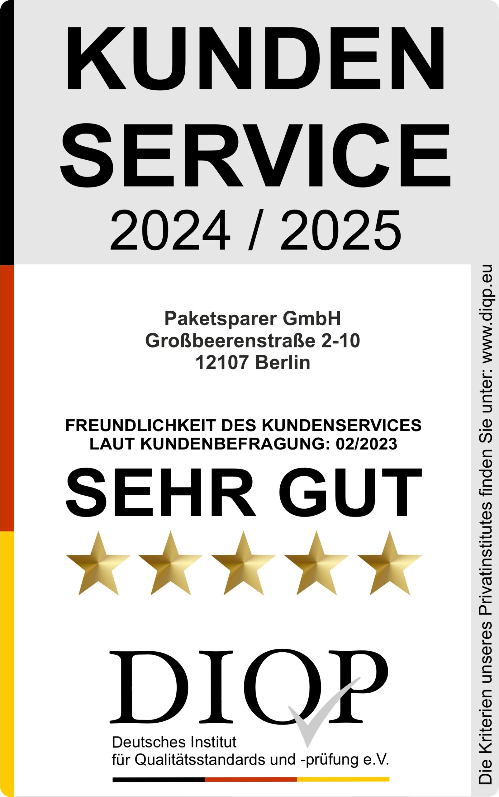 Kundenservice der Paketsparer GmbH: Freundlichkeit sehr gut, DIQP-Siegel 2024/2025, Kundenbefragung Februar 2023