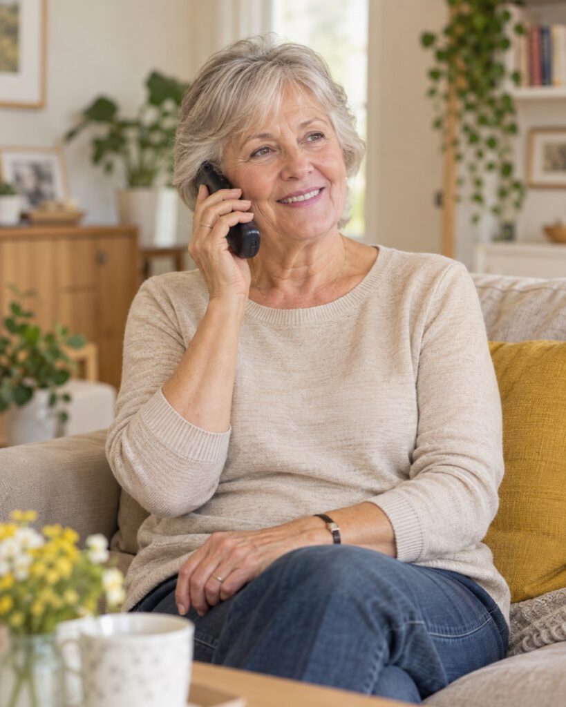 Seniorin telefoniert entspannt mit einem schnurlosen Telefon zu Hause
